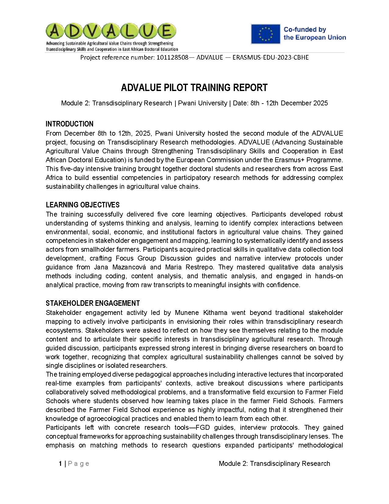 ADVALUE Pilot Training project, focusing on Transdisciplinary Research methodologies held at Pwani Univeristy