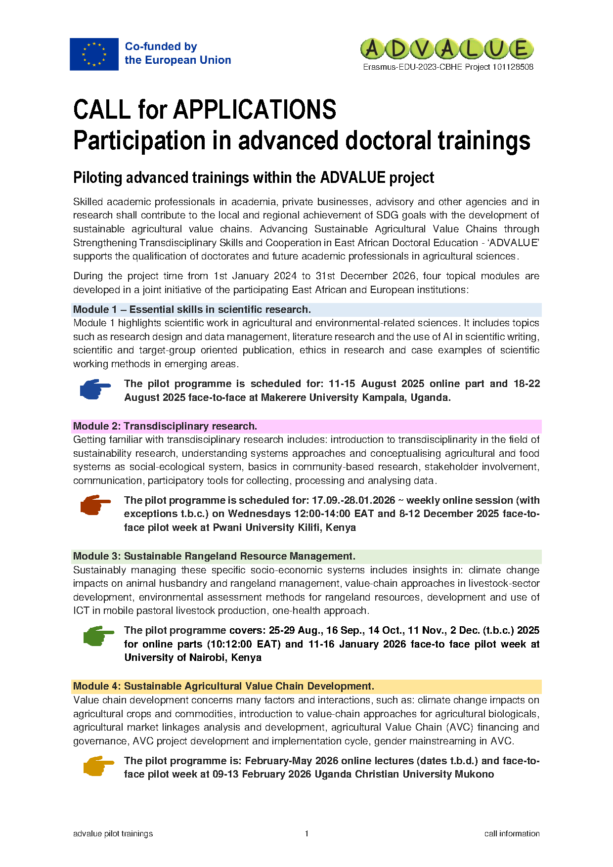 CALL FOR PILOT TRAININGS