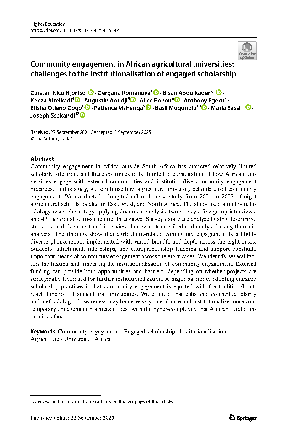 Community engagement in African agricultural universities: challenges to the institutionalization of engaged scholarship